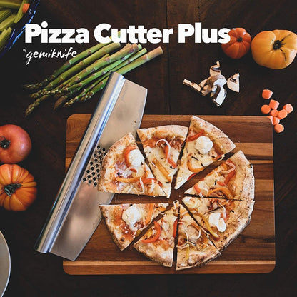 gemiknife Pizza Cutter Plus. Premium 14” Sharp Rocker Slicer + Built In Cheese Grater. Thick & Sturdy Stainless Steel Blade + Centered Handle + Protective Knife Cover + Dishwasher Safe.