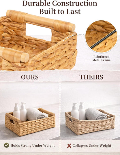 Water Hyacinth Wicker Basket, 13.39*9.45*4.65 Inch Woven Basket with Handles, Wooden Handles Wicker Storage Basket, Rattan Basket for Decorative Baskets, Pantry, Shelves, Gift, Toys - Medium