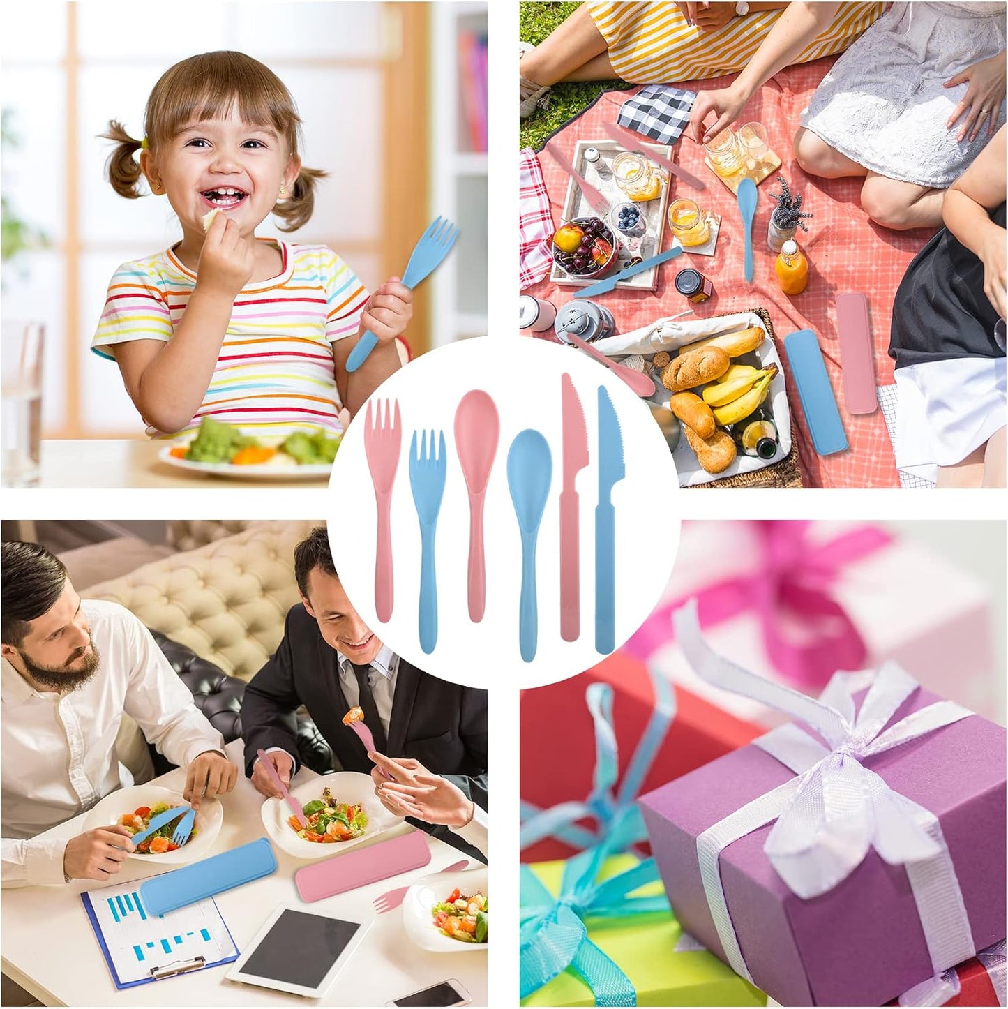 2 Sets Travel Utensils with Case, Reusable Utensils for Lunch Box, Plastic Forks Spoons and Knives Set, Portable Camping Utensil Cutlery Set Tableware for Picnic Daily Use (Blue + Pink)