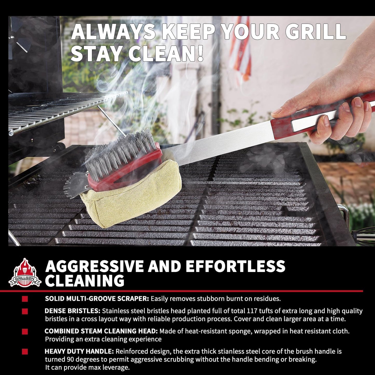 GRILLGEN Grill Brush and Scraper -Heavy Duty Double-Sided with Steam Cleaner Head for Porcelain，Cast Iron, Stainless Steel Grates, Outdoor BBQ Grill Cleaner Accessories
