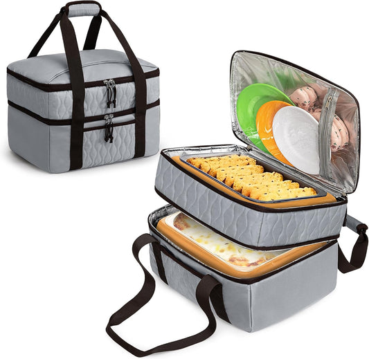 Trunab Insulated Casserole Carrier Bag for Hot Food, Double Deck Food Containers, Fit 9x13 Foil Pan, Baking Dish, For Picnic Cookouts, Potluck Parties, Beach