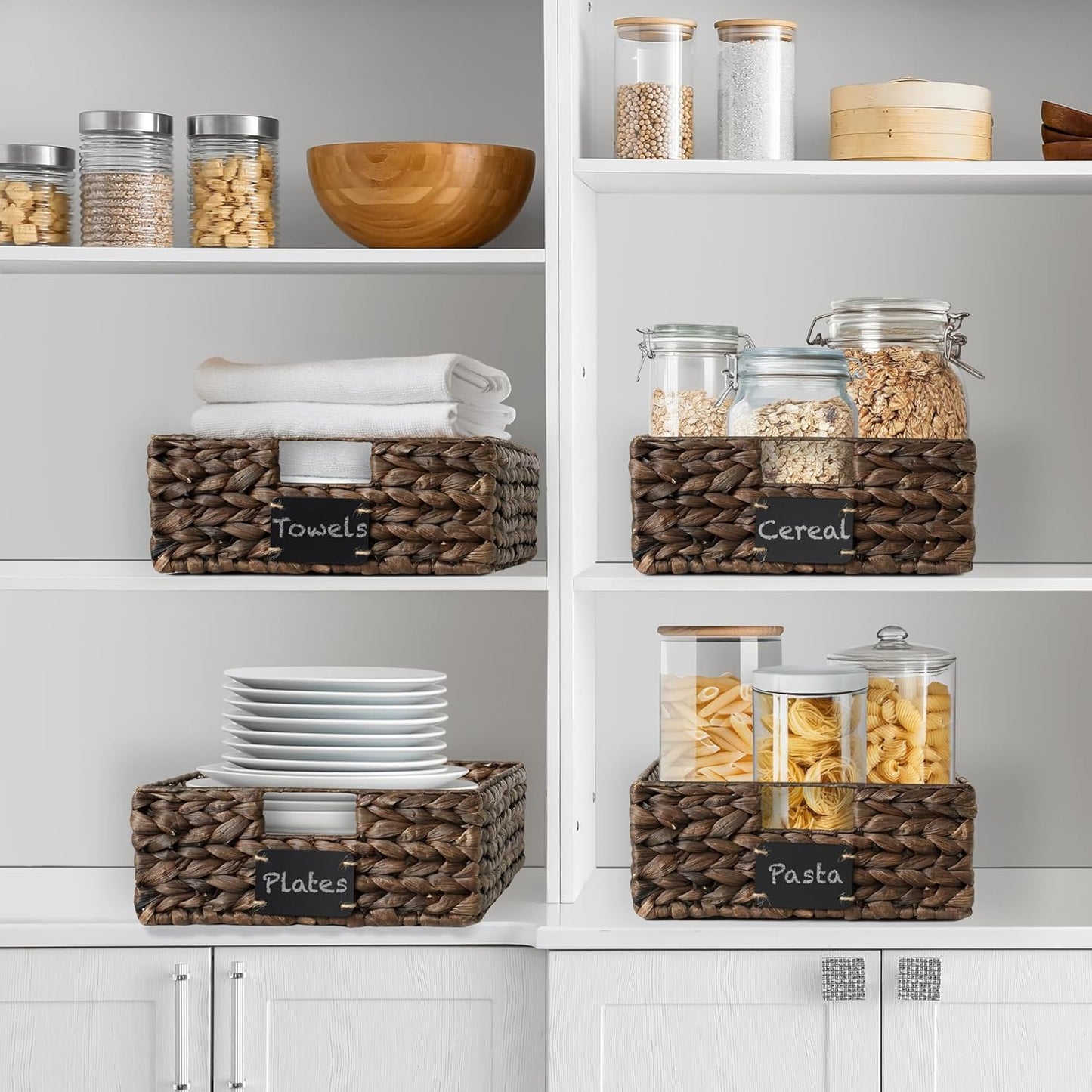 Casafield Set of 4 Water Hyacinth Pantry Baskets, 10" x 13" x 5", with Chalkboard Labels and Chalk Marker - Natural, Woven Storage Bin Organizers for Kitchen Shelves