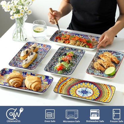 glowworm Porcelain Appetizer Plates Set of 6, 8.5 Inch Salad Plates for Sushi, Dessert, Rectangular Serving Platters, Serving Tray for Party, Kitchen, Microwave & Oven Safe, Bohemian