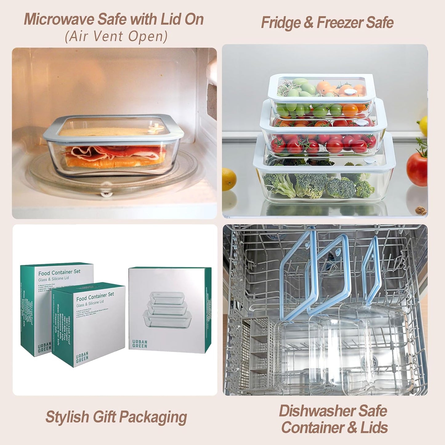 Urban Green Glass Food Container Set with Glass Lid, 5 Pack, Meal Prep Containers with Silicone Framed Airtight Lid, Leakproof, 100% Plastic Free