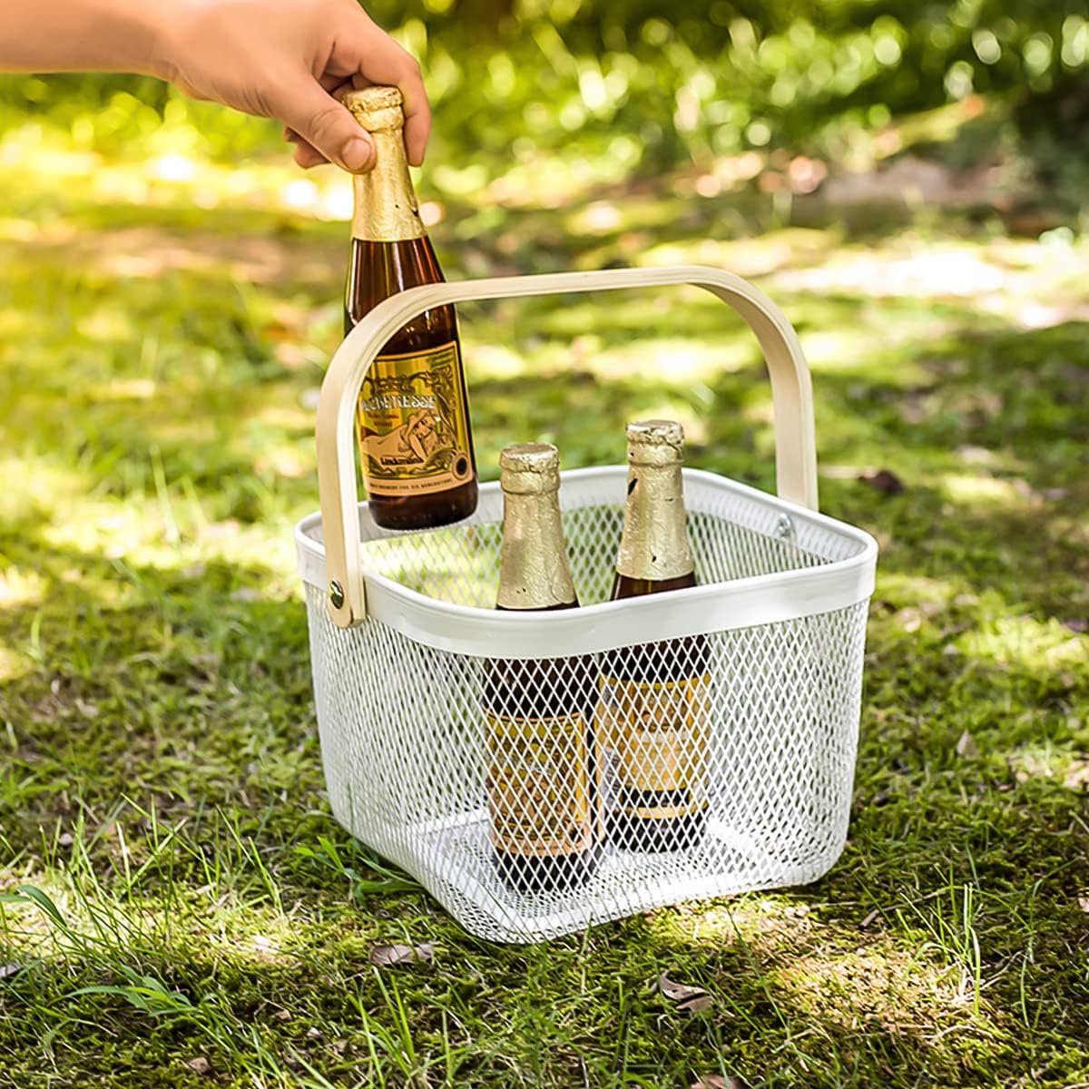 Mesh Steel Storage Organizer Basket Fruit Basket Bin with Wood Handle Ideal for Kitchen Bathroom Picnic Baskets Pantry Cabinets Storage Home Decor (White)