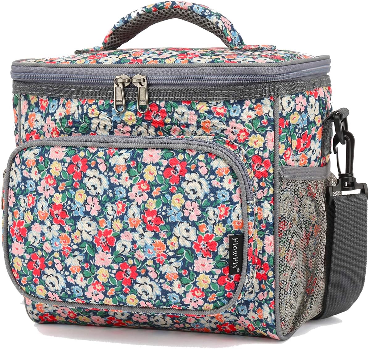 FlowFly Insulated Reusable Lunch Bag Adult Large Lunch Box for Women and Men with Adjustable Shoulder Strap,Front Zipper Pocket and Dual Large Mesh Side Pockets,Cherry - Colors A