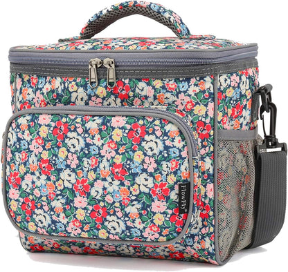 FlowFly Insulated Reusable Lunch Bag Adult Large Lunch Box for Women and Men with Adjustable Shoulder Strap,Front Zipper Pocket and Dual Large Mesh Side Pockets,Cherry - Colors A