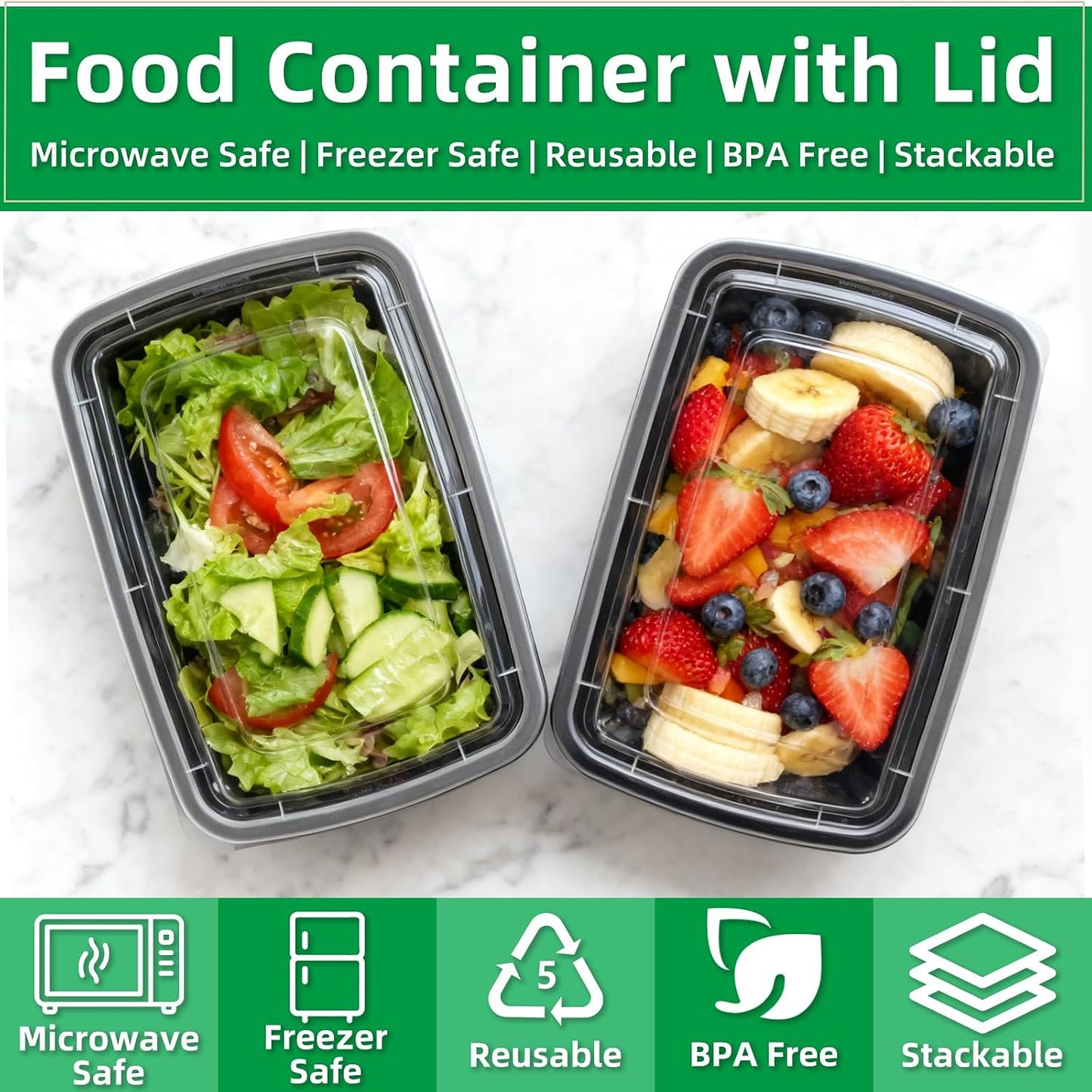 Meal Prep Containers 2 Compartment 15 Pack, 28 oz Divided Reusable Food Storage Containers with Lids Takeout Food Storage Containers Black, Microwave Dishwasher Freezer Safe, Stackable, BPA Free