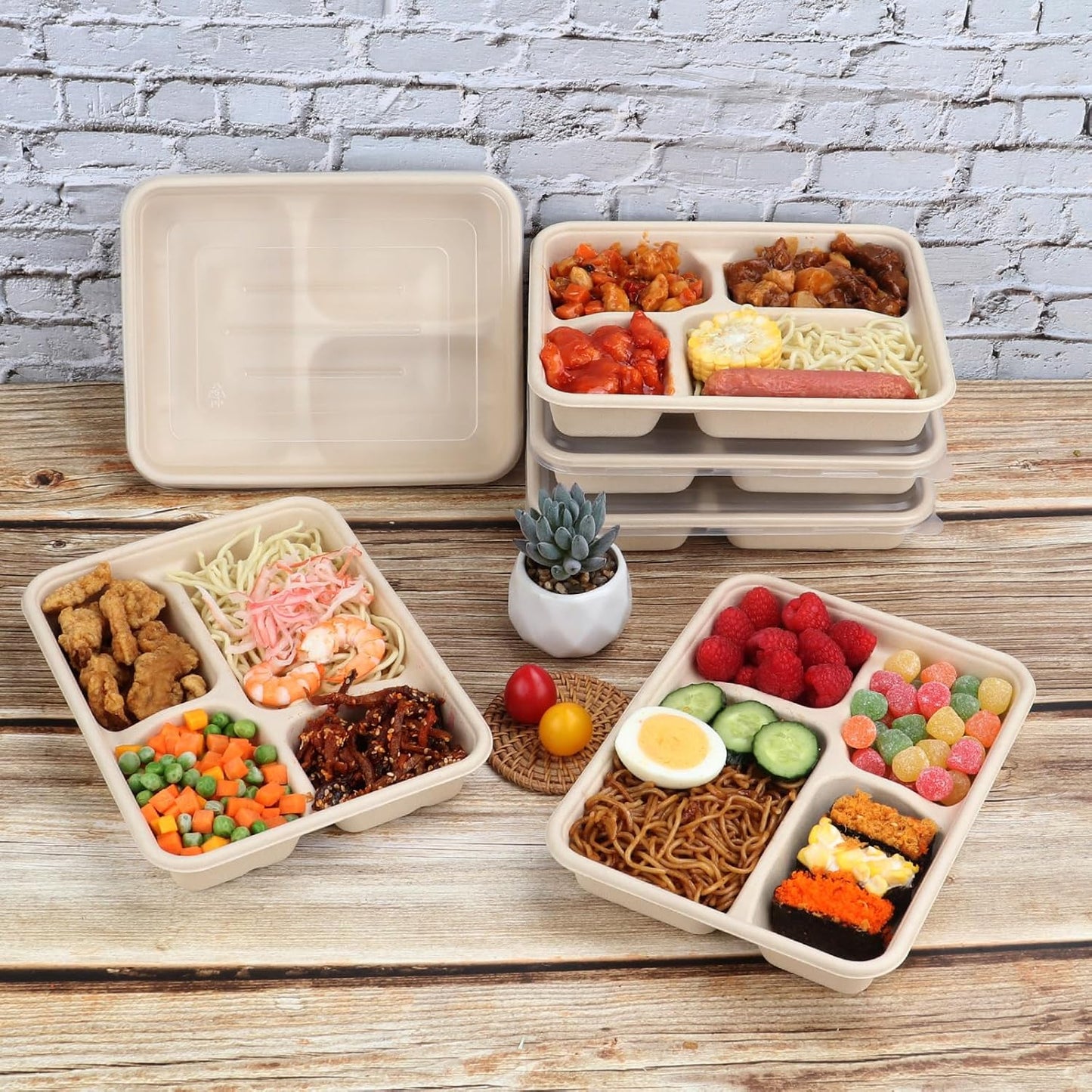 23 oz 3 Compartments disposable plates with Lids Plant Fiber 50 Pack