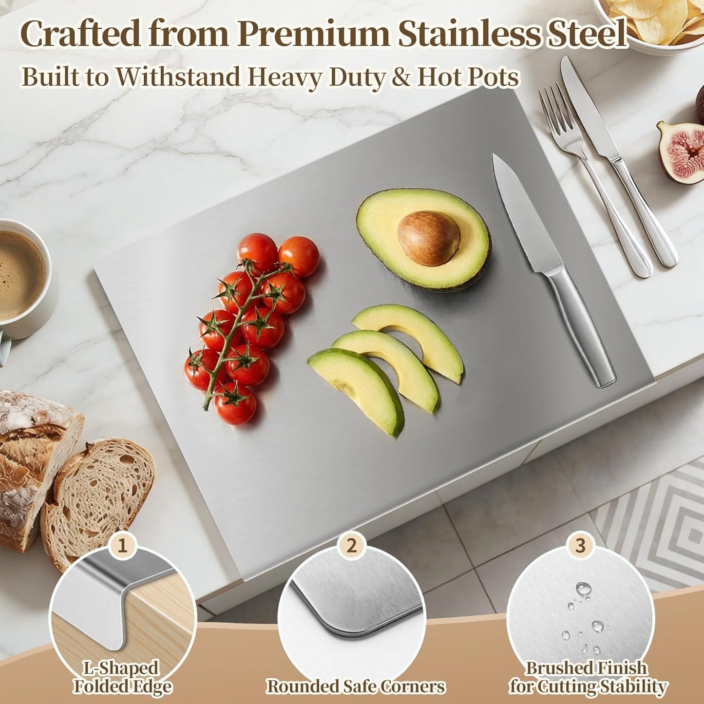 Stainless Steel Cutting Board Set, 2 Pack Kitchen Metal Chopping Board Set with Counter Lip Dishwasher Safe for Meat, Fish, Vegetables, Fruits, Bread & Pastry (40 x 30cm/ 16 x 12 in)