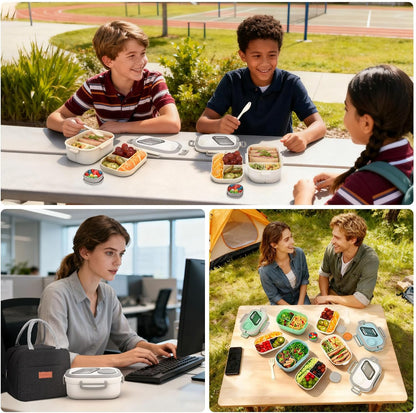 PEDECO All-in-one Bento Lunch Box Set for Adults & Kids with Insulated Bag, Leakproof 3-Compartment and 2-Tier Stackable Container with Portable Sauce Pod, Microwave/Dishwasher Safe, BPA-Free (White)