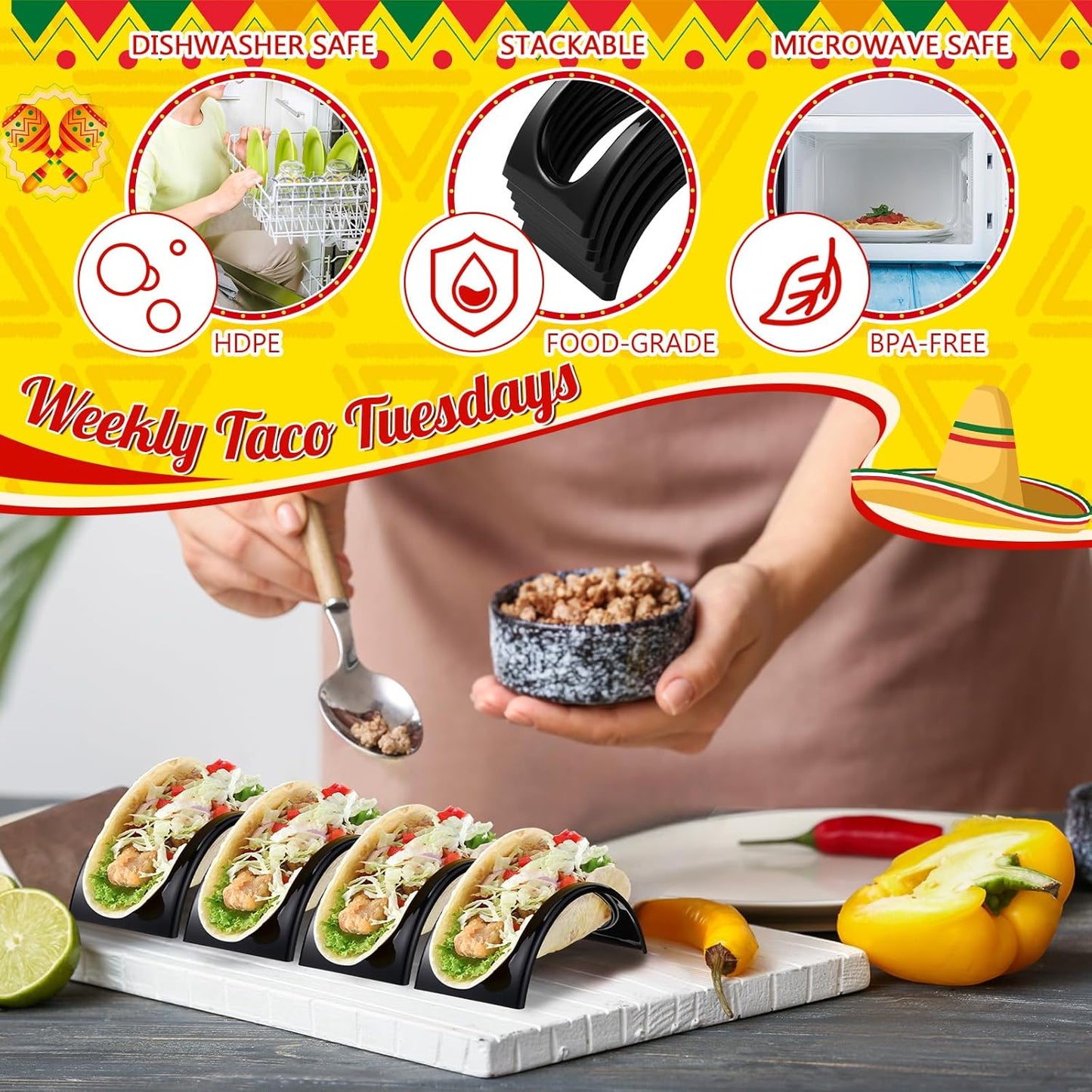 Baderke 24 Pcs Single Taco Holder Stand Black Plastic Tray Plates Mexico Taco Holder for Tuesday Night Carnival Backyard Party Supplies, Dishwasher Microwave Safe