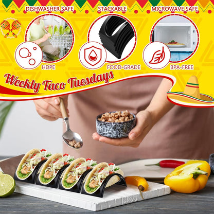 Baderke 24 Pcs Single Taco Holder Stand Black Plastic Tray Plates Mexico Taco Holder for Tuesday Night Carnival Backyard Party Supplies, Dishwasher Microwave Safe