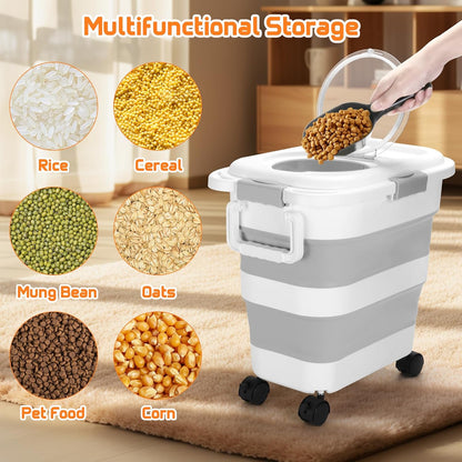 Beyoung 25-28lbs Airtight Dog Food Storage Containers with Wheels and Lids, Collapsible Pet Food Storage Bins with Handle, 50lb Rice Storage Bucket with Scoop, Dry Food Storage Bins (Khaki)