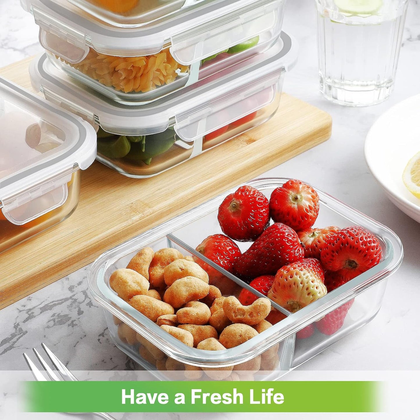 8 Pack 36oz Large Glass Meal Prep Containers with lids, Glass Food Storage Containers with Leak Proof Snap Lock Lids , Airtight Bento lunch Boxes, Kitchen Storage, Oven, Freezer and Dishwasher Safe