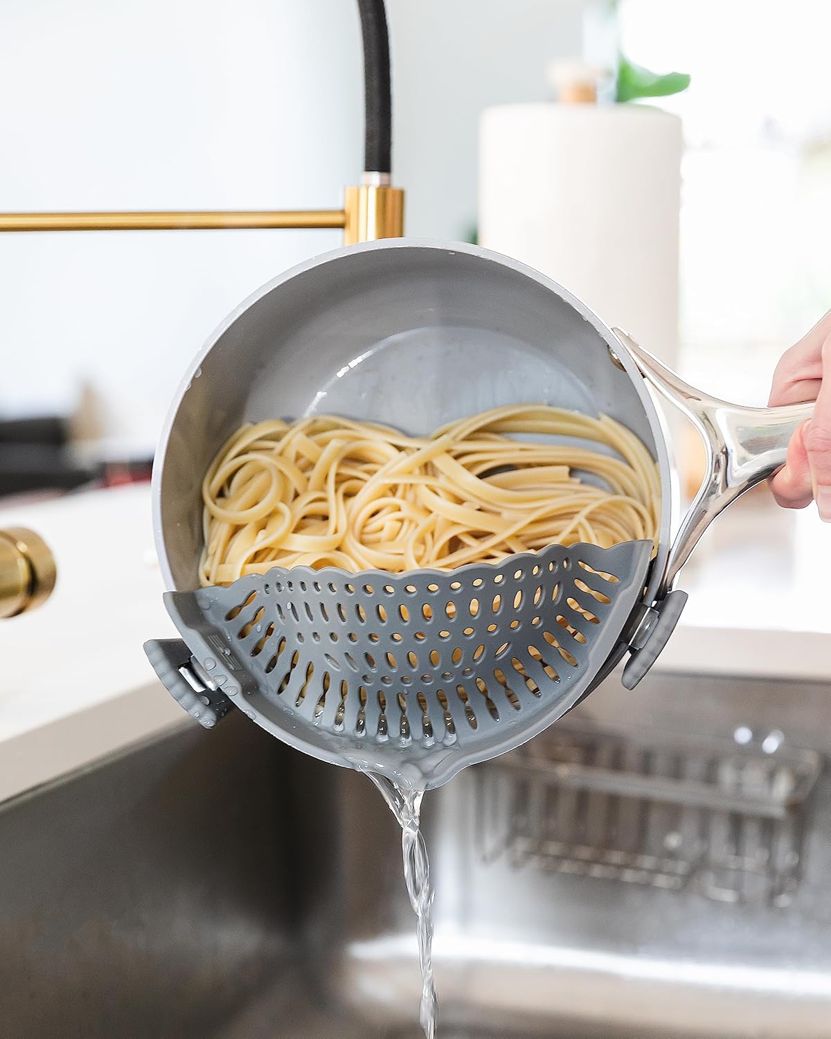 The Silicone Kitchen Clip on Silicone Strainer, Colander Fit Most Pots, Pans, Bowls, Ideal for Pasta, Vegetables, Fruit, Non-Toxic, BPA Free, 2 Pack, Green, Gray