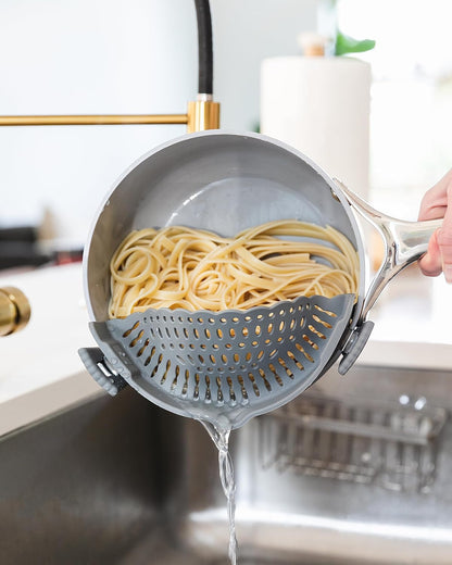The Silicone Kitchen Clip on Silicone Strainer, Colander Fit Most Pots, Pans, Bowls, Ideal for Pasta, Vegetables, Fruit, Non-Toxic, BPA Free, 2 Pack, Green, Gray