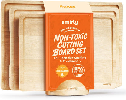 SMIRLY Walnut Cutting Board for Kitchen - Wood Cutting Boards with Handle and Juice Groove for Meal Prep, Serving, Charcuterie - Kitchen Gadgets - Non Toxic Wooden Chopping Board Set of 3 with Holder