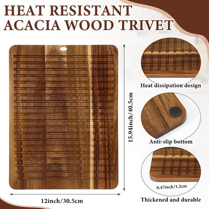 12 x 9 Inches Acacia Wood Trivet Mat Thicken Wooden Hot Pads Trivets Heat Resistant Non Slip Pads for Table Countertop Hot Dishes Holder Pot Bowl Teapot Kitchen Counter Protector