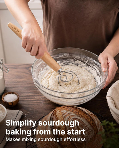 Zulay Kitchen 13-Inch Danish Dough Whisk - Stainless Steel Wooden Whisk with Dough Hook - Sourdough Whisk for Bread, Pizza, Pastry, Cake Batter & More - Wood
