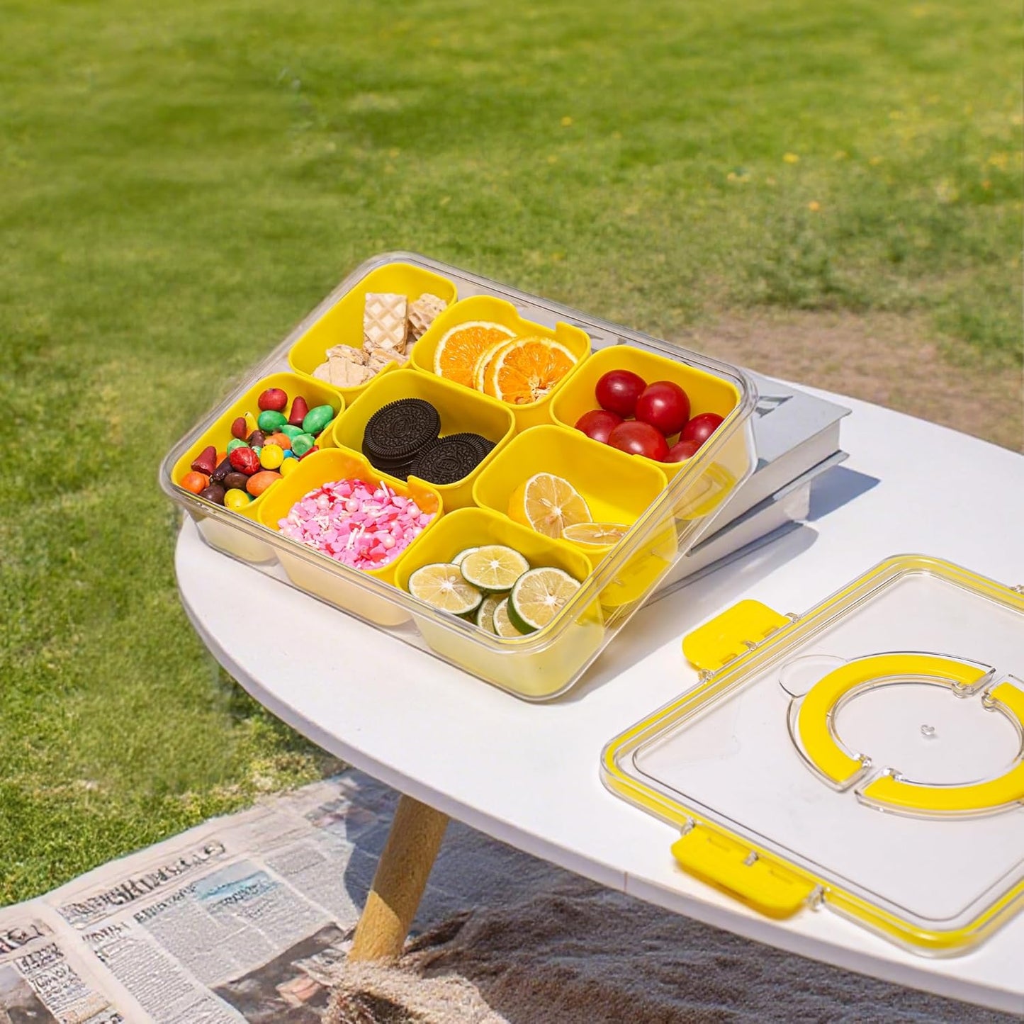 Dingerjar Divided Serving Tray with Lid and Handle - Snackle Box Charcuterie Container for Portable Snack Platters - Clear Organizer for Candy, Fruits, Nuts, Snacks - Perfect for Party, Entertaining