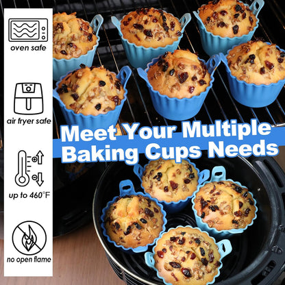 Koluti Nonstick Silicone Muffin Baking Cups Pack of 12, Reusable Cupcake Molds with Double Handle, BPA Free, Mini Round Air Fryer Cupcakes Liner, 3 Colors
