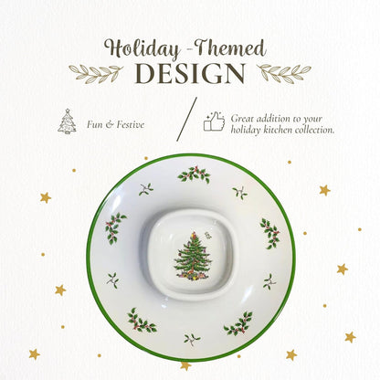 Spode Christmas Tree Melamine Chip and Dip | 14 Inch Serving Platter for Cheese, Appetizers, Chips, Salsa and more, Made of Melamine perfect for Hosting Indoors and Outdoors | Dishwasher safe