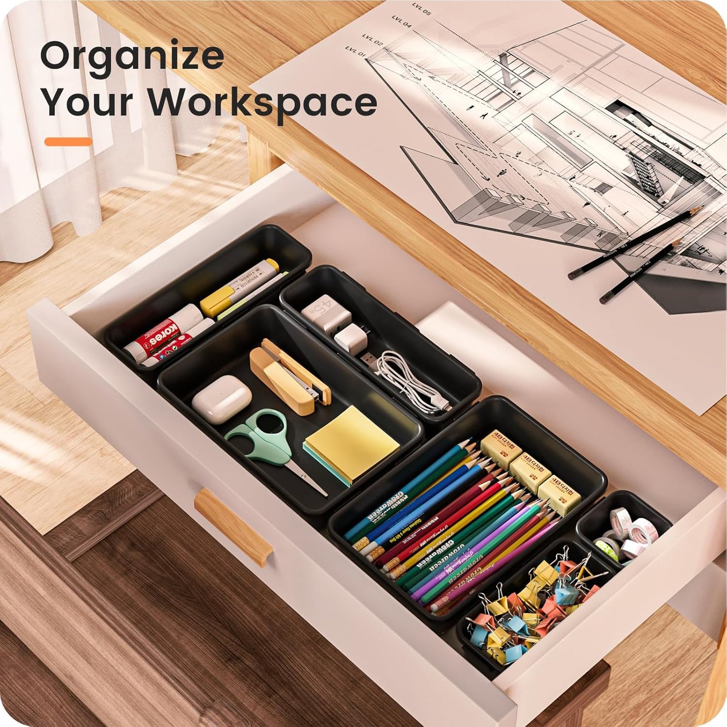 A-LuGei 【Military Grade】 Drawer Organizer,【𝟱𝗦𝗶𝘇𝗲】 Makeup organizer,【Holds 177 Items】 Bathroom Organizers and Storage,Organization and Storage,Desk Drawer Organizer for Vanity【Clear】