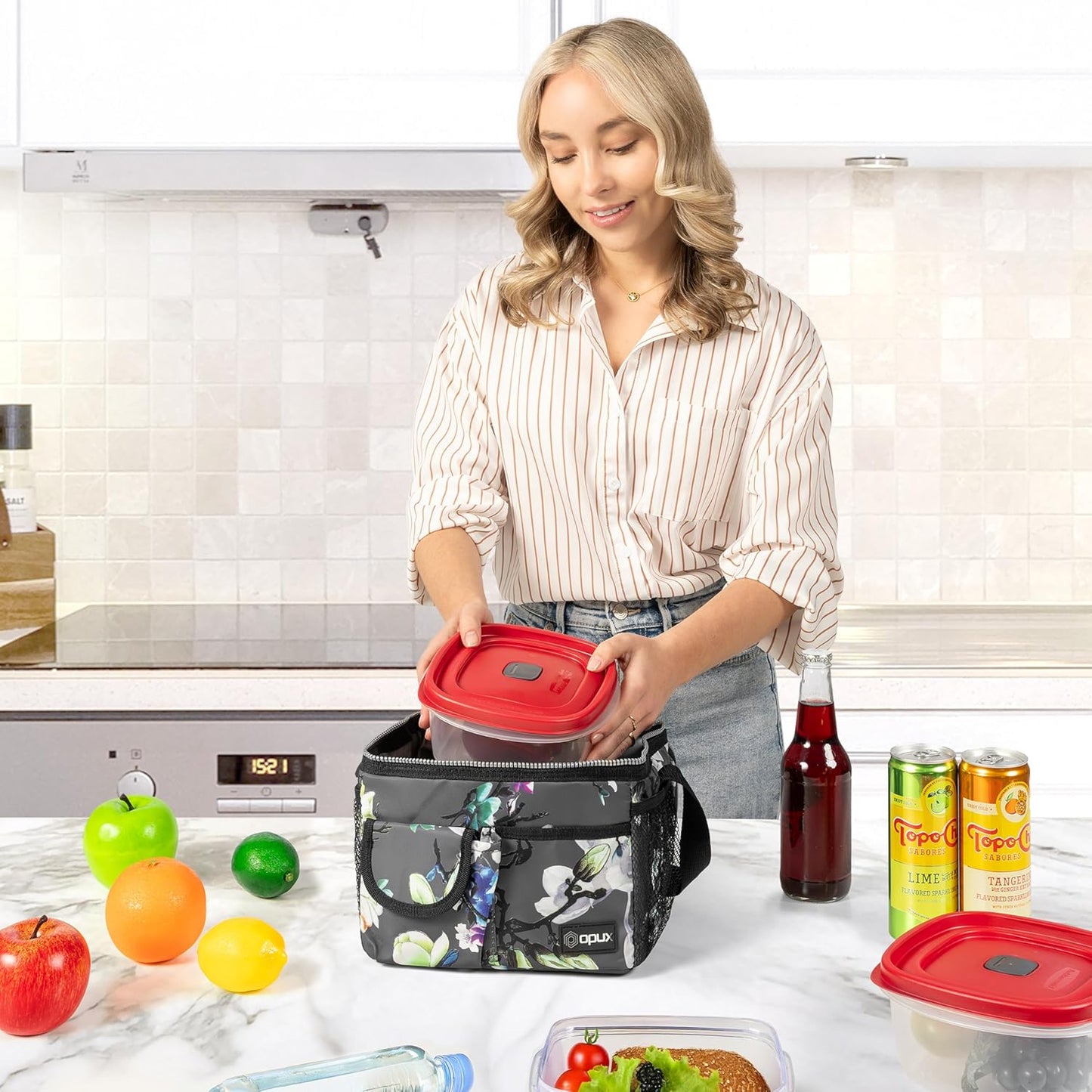 opux Insulated Lunch Bag for Men Women, Leakproof Black Lunch Box for Work, Portable Soft Lunch Cooler Bag with Shoulder Strap, Adult Lunchbox Lunch Pail for Kid Boy Girl School, 14 Can/8L