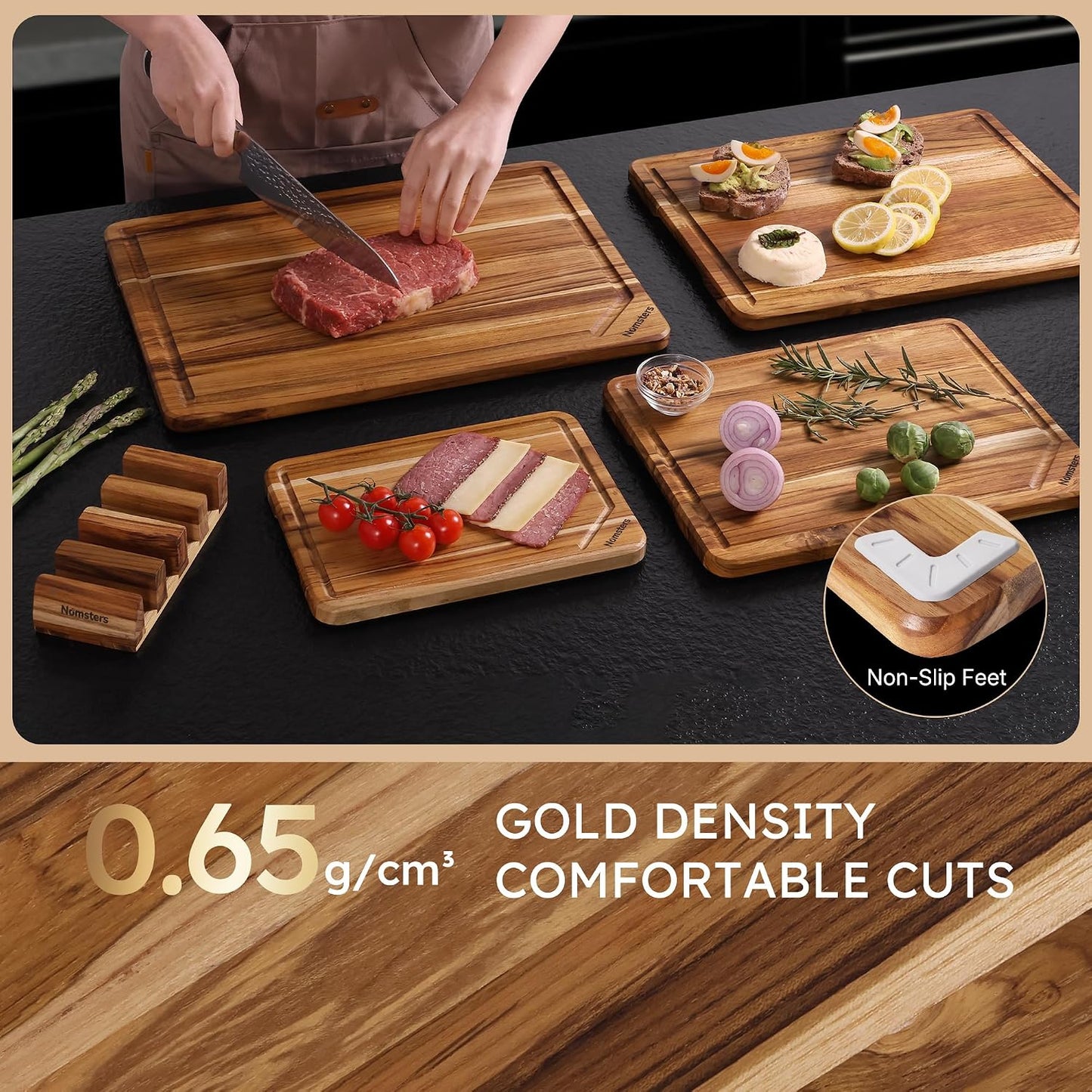 3 Pack Teak Wood Cutting Board Set with Holder Non Slip Over Sink Wooden Chopping Board for Fresh Meat Vegetable Thick Haus Perfect for Charcuterie Juice Groove Kitchen Accessories - FSC Certified