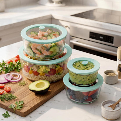 Urban Green Glass Food Container Set with Glass Lid, 5 Pack, Meal Prep Containers with Silicone Framed Airtight Lid, Leakproof, 100% Plastic Free