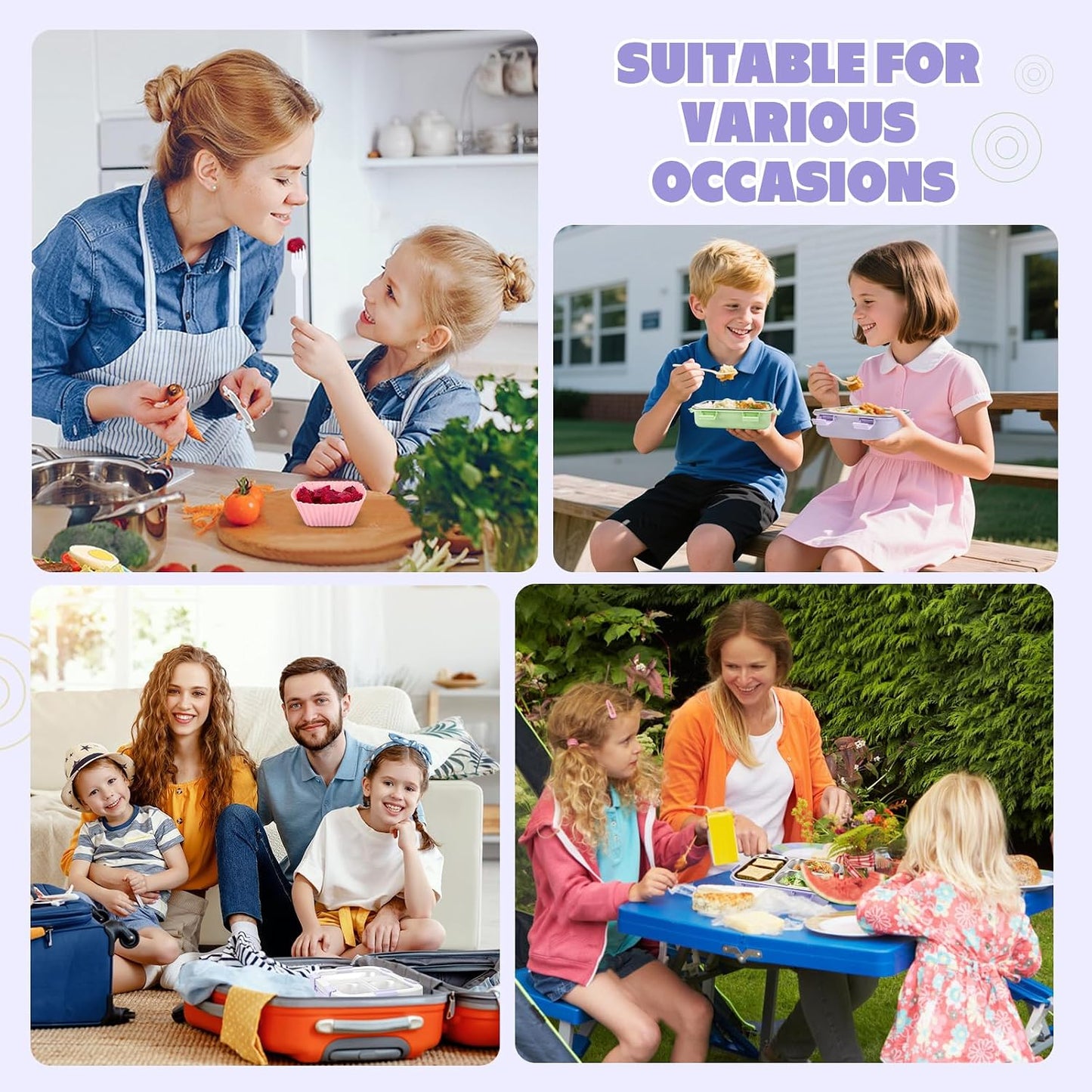Kids Stainless Steel Bento Box, 3 Compartments Leakproof Lunch Box, Portable Food Storage Containers with Silicone Lids BPA-Free for Office, Picnics, Travel, Blue
