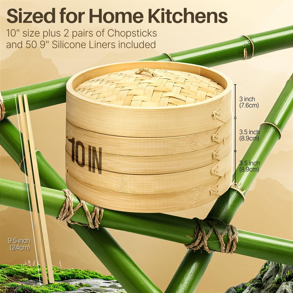 Flexzion Bamboo Steamer Basket Set (8 inch), 50 x Steamer Liners and 2 Pairs of Chopsticks, Steam Baskets for DimSum Dumplings, Rice, Vegetables, Fish and Meat