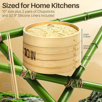 Flexzion Bamboo Steamer Basket Set (8 inch), 50 x Steamer Liners and 2 Pairs of Chopsticks, Steam Baskets for DimSum Dumplings, Rice, Vegetables, Fish and Meat