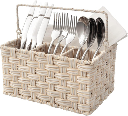 GRANNY SAYS Wicker Utensil Caddy - Picnic Basket with Handle, Organizer for Kitchen Table or Cabinet, Silverware Holder for Parties