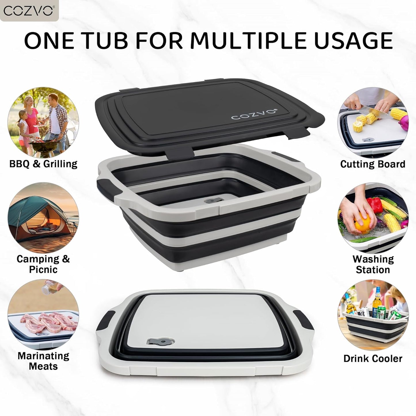 6-in-1 Collapsible BBQ Prep Tub & Marinade Container with Locking Lid | 20" Multifunction Camping Sink, Portable Cutting Board, and Food Storage Bin for Grilling, Picnics, Tailgating - Black
