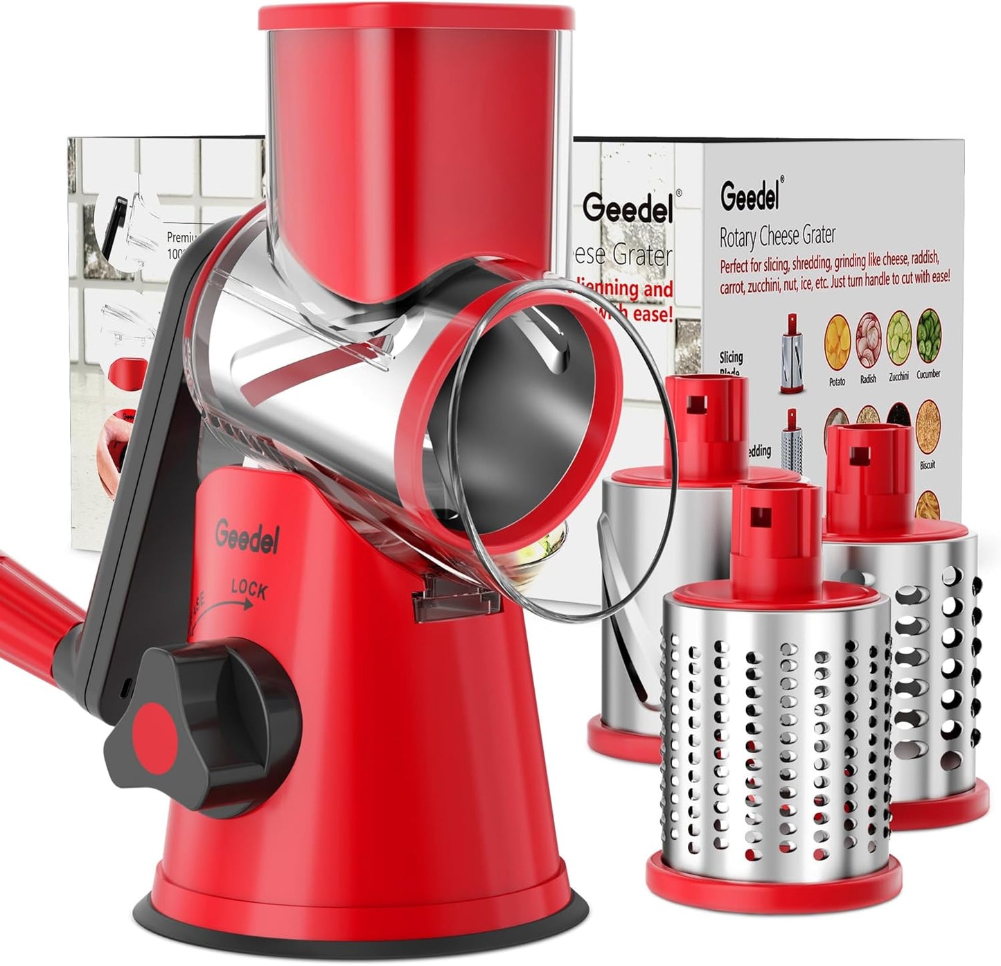 Geedel Rotary Cheese Grater, Kitchen Mandoline Vegetable Slicer with 3 Interchangeable Blades, Easy to Clean Rotary Grater Slicer for Cheese, Vegetables, Nuts
