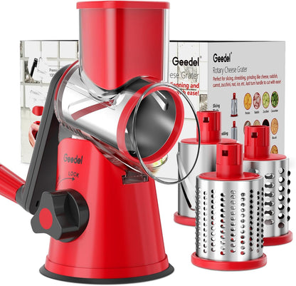 Geedel Rotary Cheese Grater, Kitchen Mandoline Vegetable Slicer with 3 Interchangeable Blades, Easy to Clean Rotary Grater Slicer for Cheese, Vegetables, Nuts