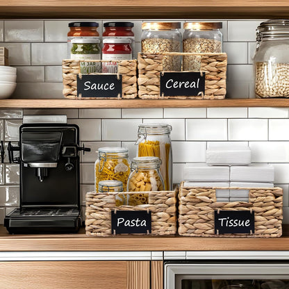 Set of 4 Sizes Hand-Woven Pantry Shelf Baskets, Hyacinth Storage Baskets with Chalkboard Labels & 2 Chalk Markers, Wicker Nestable Basket Set for Organizing Pantry Kitchen Laundry Shelves (Brown)