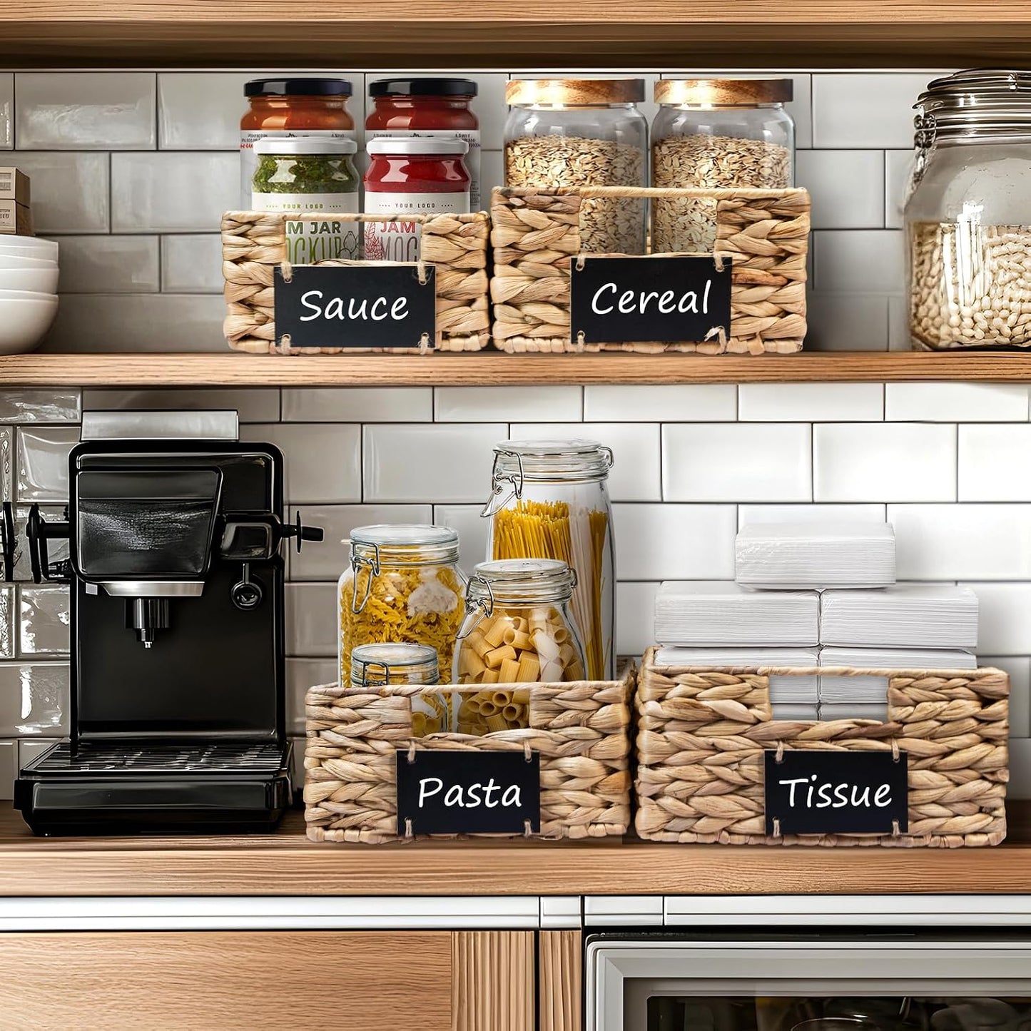 Set of 4 Sizes Hand-Woven Pantry Shelf Baskets, Hyacinth Storage Baskets with Chalkboard Labels & 2 Chalk Markers, Wicker Nestable Basket Set for Organizing Pantry Kitchen Laundry Shelves (Brown)