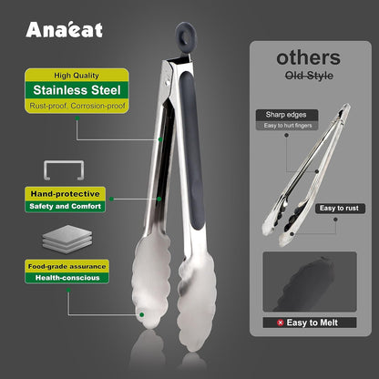 Anaeat Premium Kitchen Locking Tong Set of 3 - Heavy Duty Stainless Steel Food Tongs with Long Handle & Non-Slip Silicone Grip for Cooking, Baking, Grilling - Heat Resistant up to 480°F