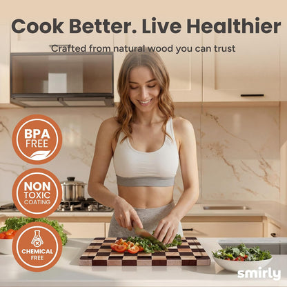 SMIRLY Walnut Cutting Board for Kitchen - Wood Cutting Boards with Handle and Juice Groove for Meal Prep, Serving, Charcuterie - Kitchen Gadgets - Non Toxic Wooden Chopping Board Set of 3 with Holder
