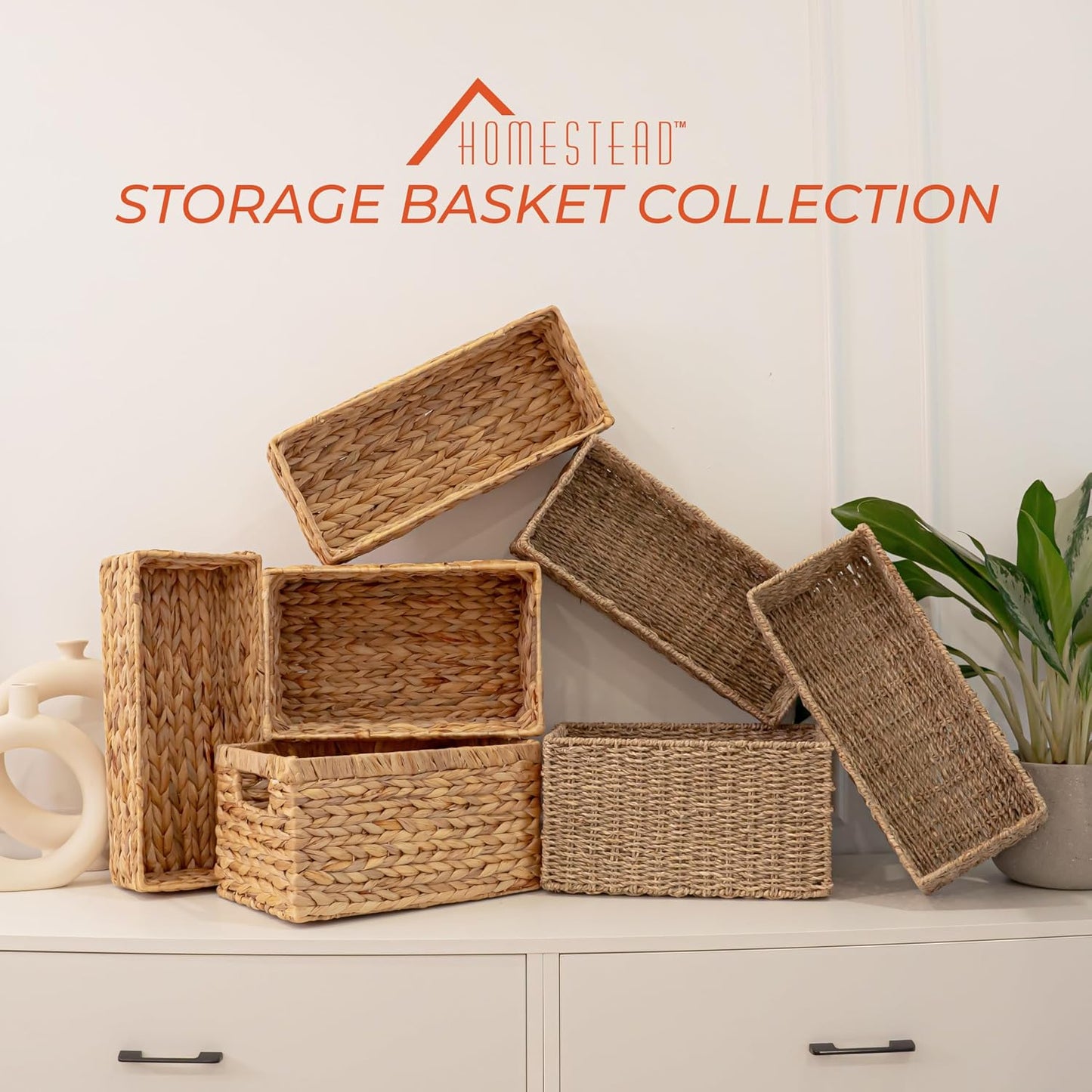 2-Pack Handwoven Water Hyacinth Storage Baskets with Handles, Wicker Bins for Pantry Organization, Shelf or Closet Organizer, Decorative Boho Rectangular Basket 13.5" x 8"