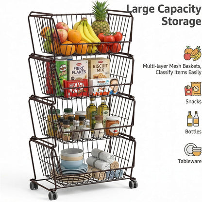 PUSDON 4-Tier Spacious Stackable Wire Storage Baskets with Wheels, Metal Rolling Utility Cart Organizer, Fruit and Vegetable Produce Basket for Kitchen Pantry, Everyday Bathroom Shelf, Silver Grey
