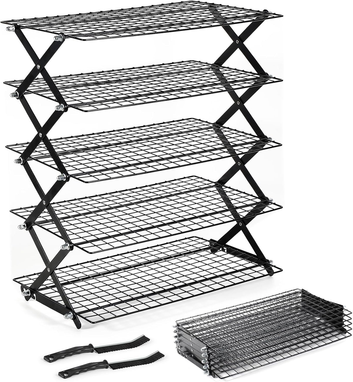6 Tier Upgraded Collapsible Cooling Rack with Adjustable 3 Setting Design, Stackable Baking Rack with Clean Brush, Roasting Cooking Drying Wire Cooling Rack for Cookies Baking Roasting ＆ Grilling