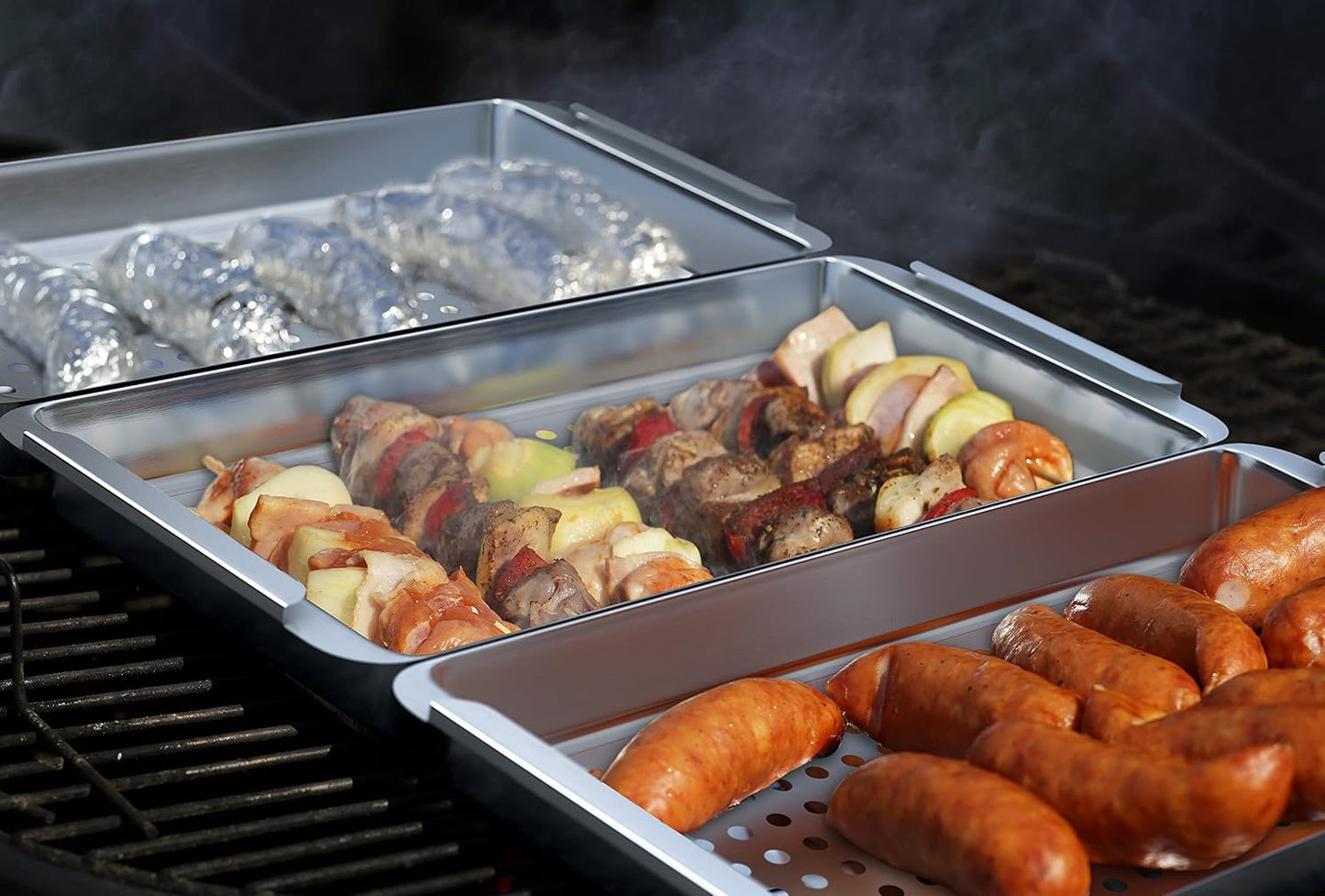 Yukon Glory™ BBQ 'N SERVE Premium Set, Includes 3 Grill Baskets, Serving Tray, Bamboo Cutting Board, Plastic Lid and Clip-on Handle