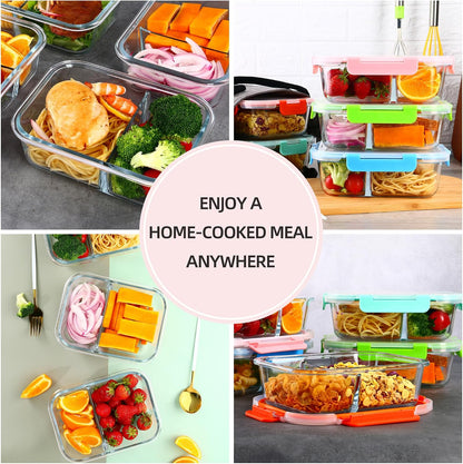 5-Pack,3 Compartment Glass Meal Prep Containers Set,34oz, Divided Food Storage Containers with Lids, Glass Lunch Box with 3 Dividers