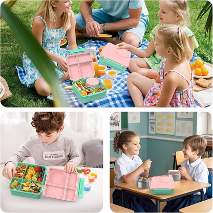 Bento Lunch Box Set for Kids with 8oz Soup Thermo, Leak-Proof Lunch Containers with 4 Compartment, Thermo Hot Insulated Food Jar and Foldable Fork Spoon, for Kids to School (pale pink)