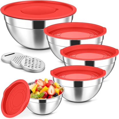 Herogo 5-Piece Mixing Bowls with Airtight Lids, 3 Grater Attachments, Stainless Steel Salad Serving Bowls for Kitchen, Size 4.6, 3.5, 2.5, 2, 1.5QT Ideal for Prepping & Cooking, Black