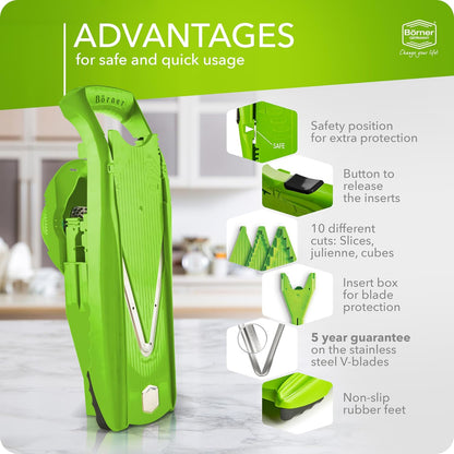 Börner Mandoline Slicer V5 (Basic Set) • Vegetable V-Slicer for Slices in 4 Thickness Settings • Stainless Steel V-Blade • Adjustable Kitchen Slicer for Vegetables & Fruits • Color: Green